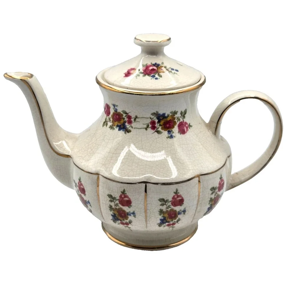 Arthur Wood Donegal TEAPOT with RED Roses and Gold Trim -CRAZING Made in England